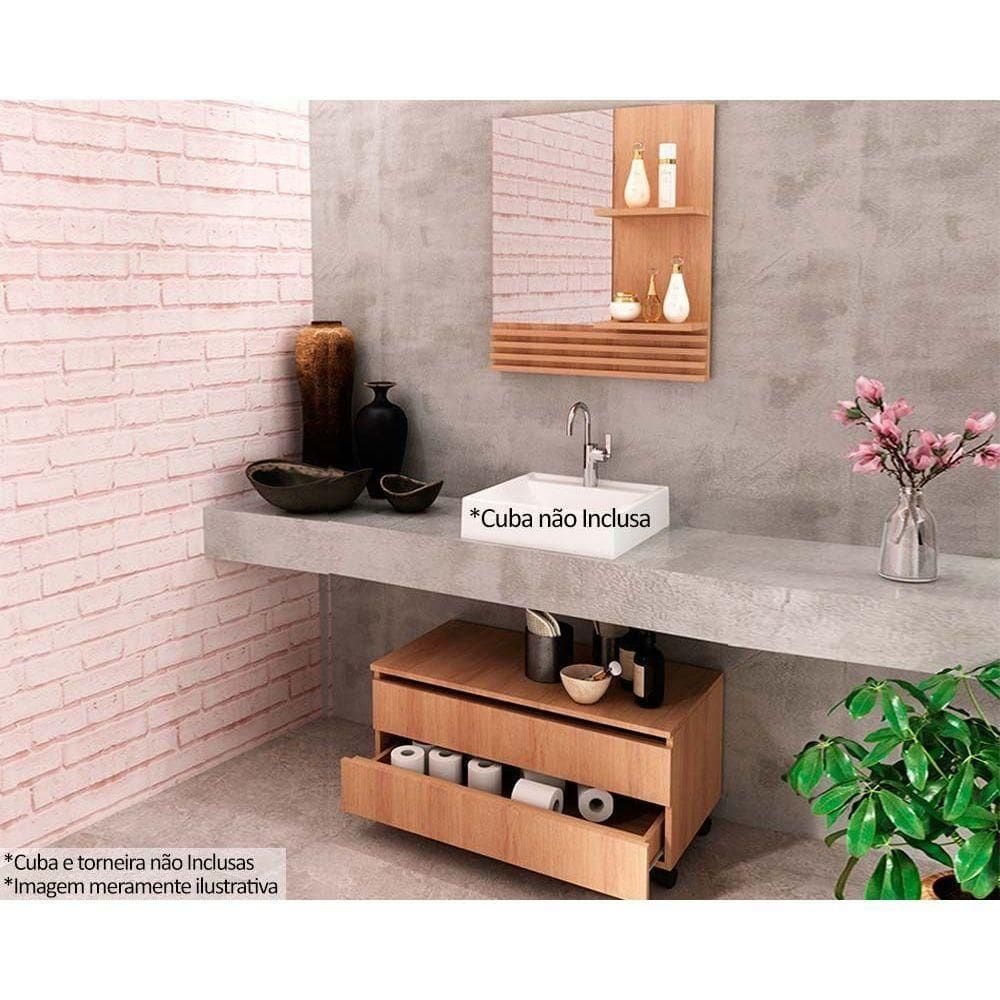 Armário C- Balcão Banheiro Rodizios Bn3603 S- Cuba 80cm E Espelho Bn3614 Amêndoa - Tecno Mobili
