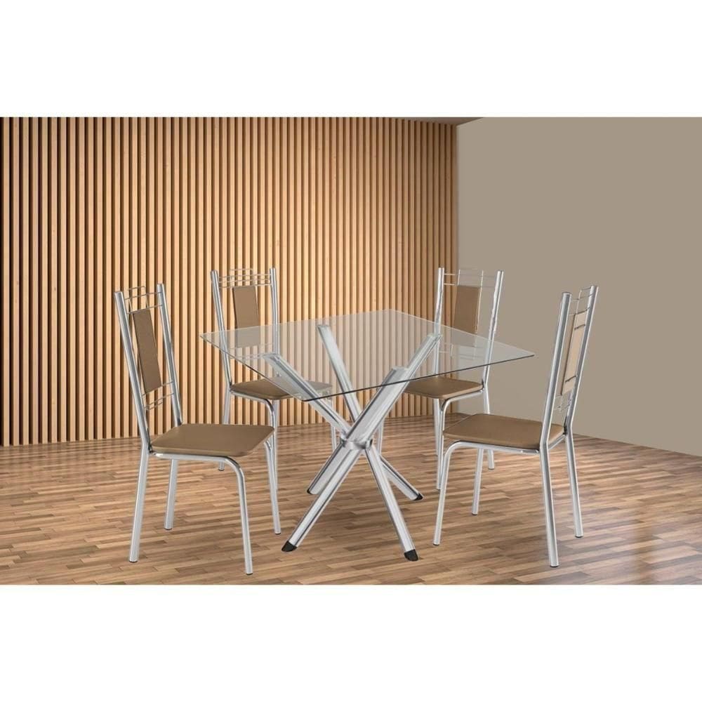 Kit 4 Cadeiras Sala Jantar Volga C- Tampo De Vidro 90cm E 4 Cadeiras Florença Cromada - Courano Capuccino - Kappesberg