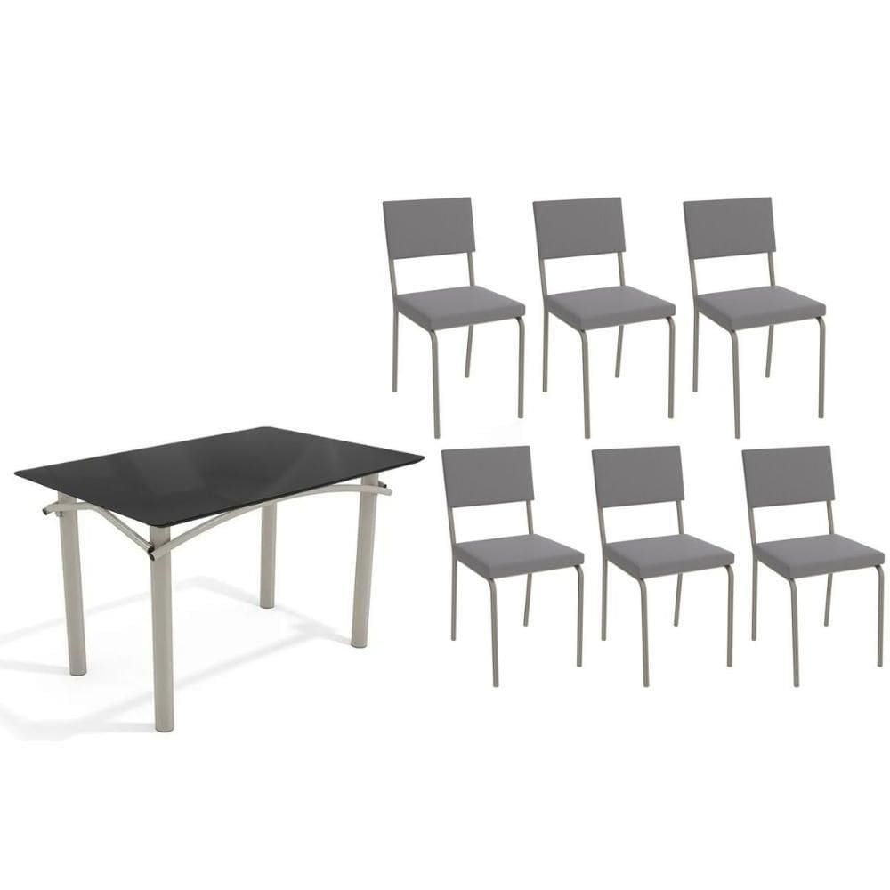 Conjunto: Mesa De Cozinha Elba Tampo Madeirado C- Vidro 120cm E 6 Cadeiras Zaria Niquel-preto - Suede Cinza - Kappesberg