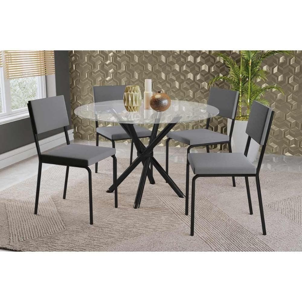 Conjunto: Mesa De Cozinha Volga C- Tampo De Vidro 95cm E 4 Cadeiras Zaria Preto - Suede Cinza - Kappesberg