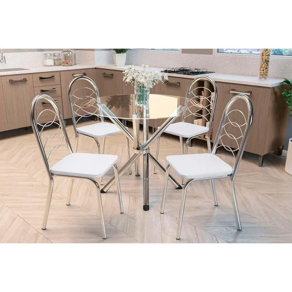 Conjunto: Mesa Sala Jantar Volga C- Tampo De Vidro 95cm E 4 Cadeiras Holanda Cromada - Courano Branco - Kappesberg