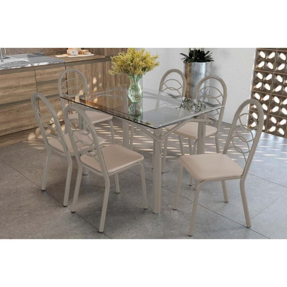 Conjunto: Mesa De Cozinha Elba C- Tampo De Vidro 120cm E 6 Cadeiras Holanda Niquel - Courano Bege - Kappesberg