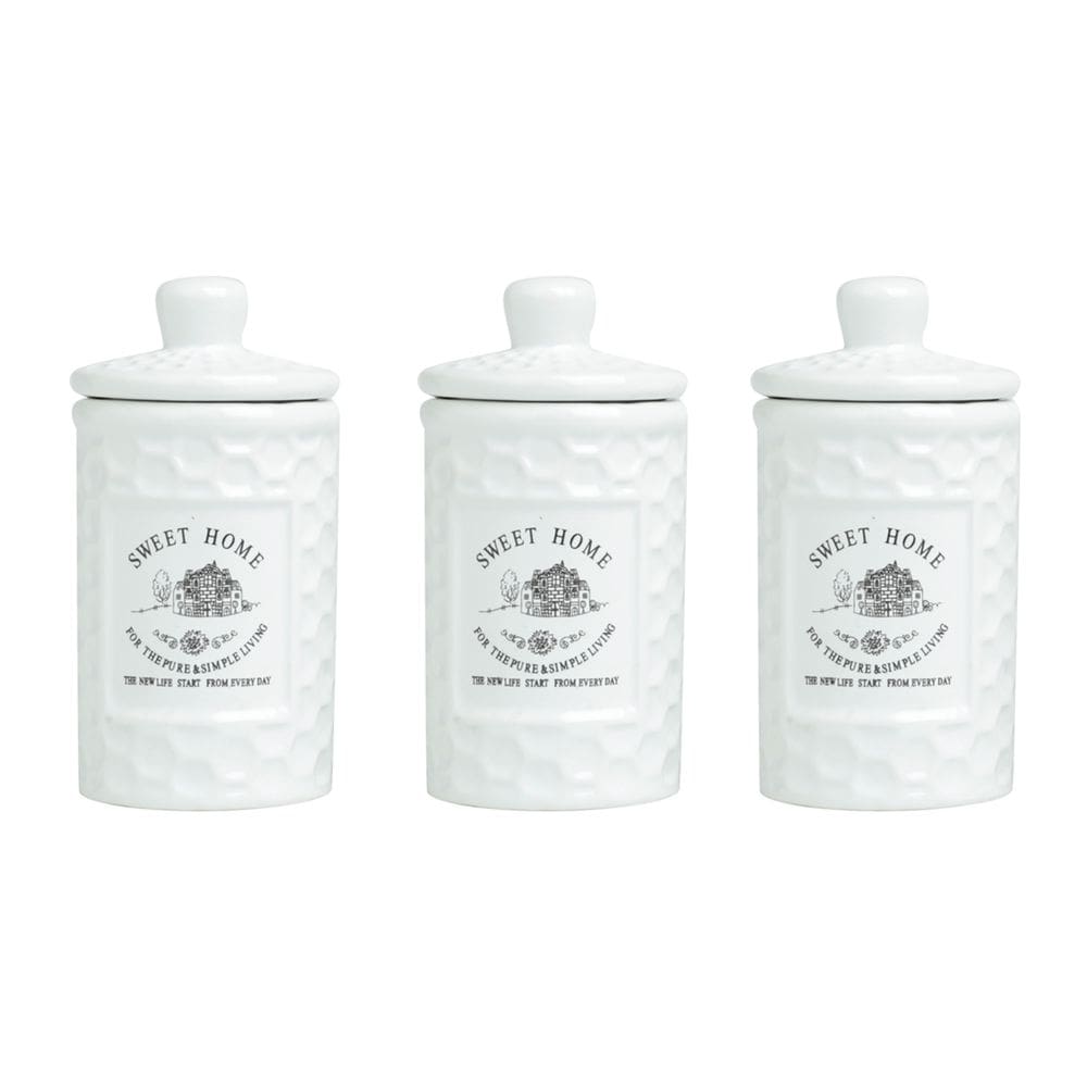 Cj 3 Potes de Cerâmica P/Temperos e Condimentos C/Tampa Hermética Sweet Home Colméia Branco 150ml Bon Gourmet