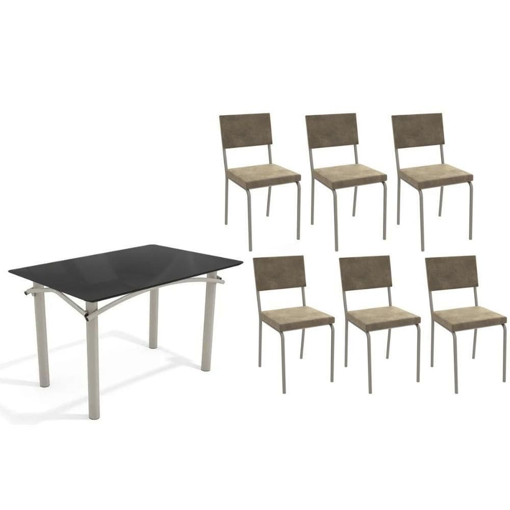 Conjunto: Mesa Sala Jantar Elba Tampo Madeirado C- Vidro 120cm E 6 Cadeiras Zaria Niquel-preto - Suede Bege - Kappesberg