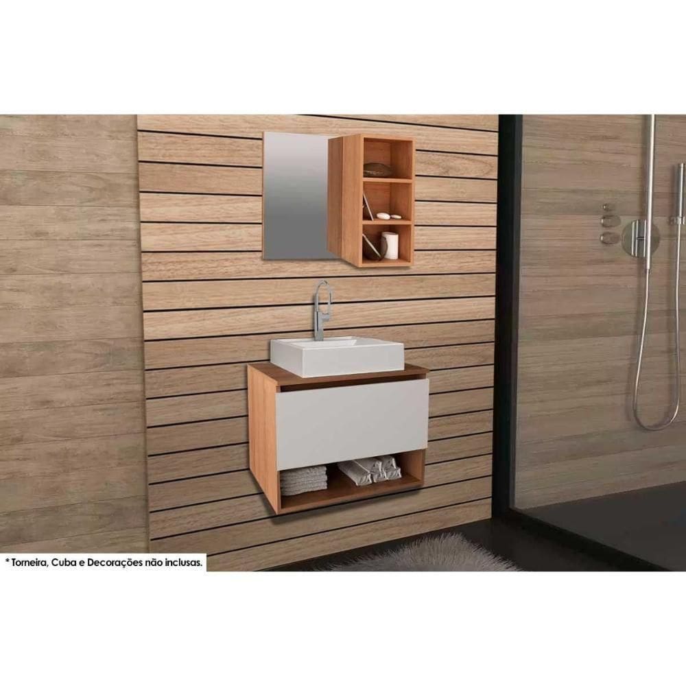 Armário C- Balcão Banheiro Suspenso Bn3606 S- Cuba 60cm E Espelho Bn3609 Amêndoa-branco - Tecno Mobili