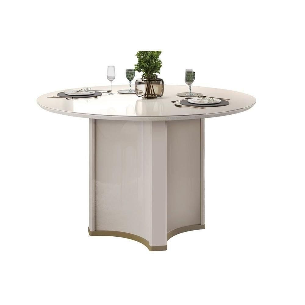 Mesa P- Cozinha C- Tampo Madeirado C- Vidro Redondo 136x136cm Off White-off White - Dj Móveis