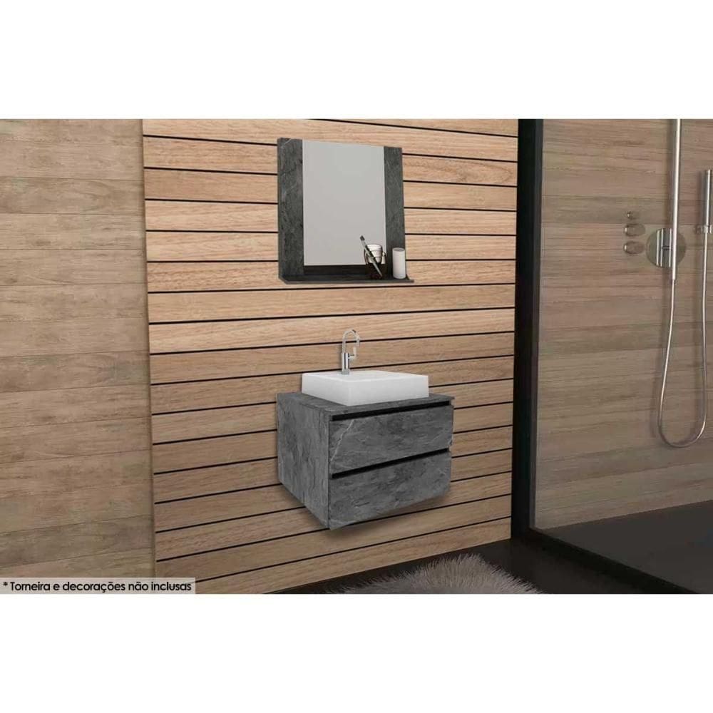 Armário C- Balcão Banheiro Suspenso Bn3607 Cuba Bn3600 60cm E Espelho Bn3610 Mármore Lunar - Tecno Mobili
