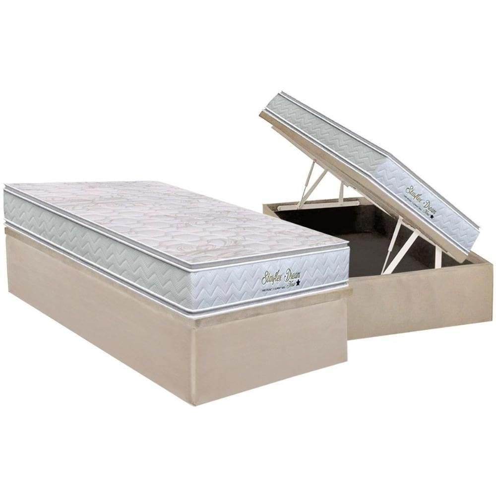 Cama Box Baú Solteiro: Colchão Molas Ensacadas Orthoflex Starflex Dream New + Base Crc Suede Clean (88x188)