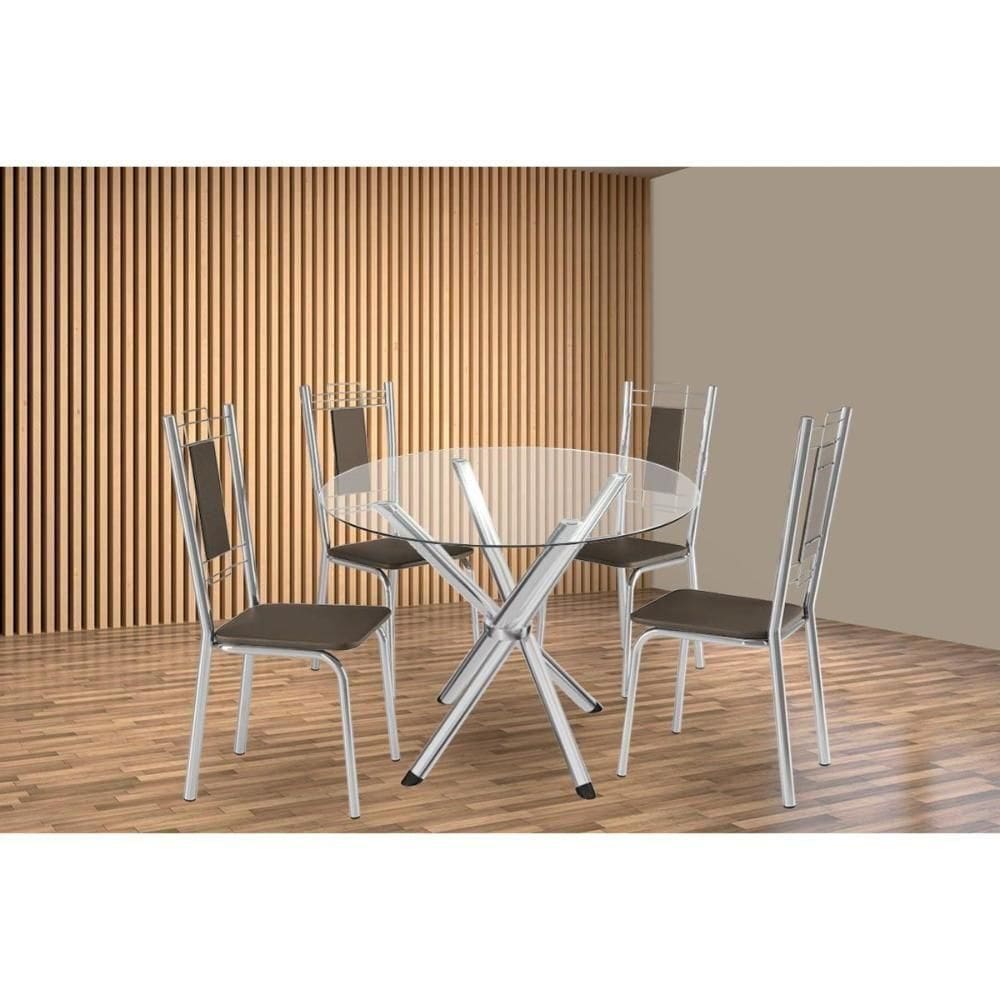 Conjunto: Mesa Sala Jantar Volga C- Tampo De Vidro 95cm E 4 Cadeiras Florença Cromada - Courano Marrom - Kappesberg