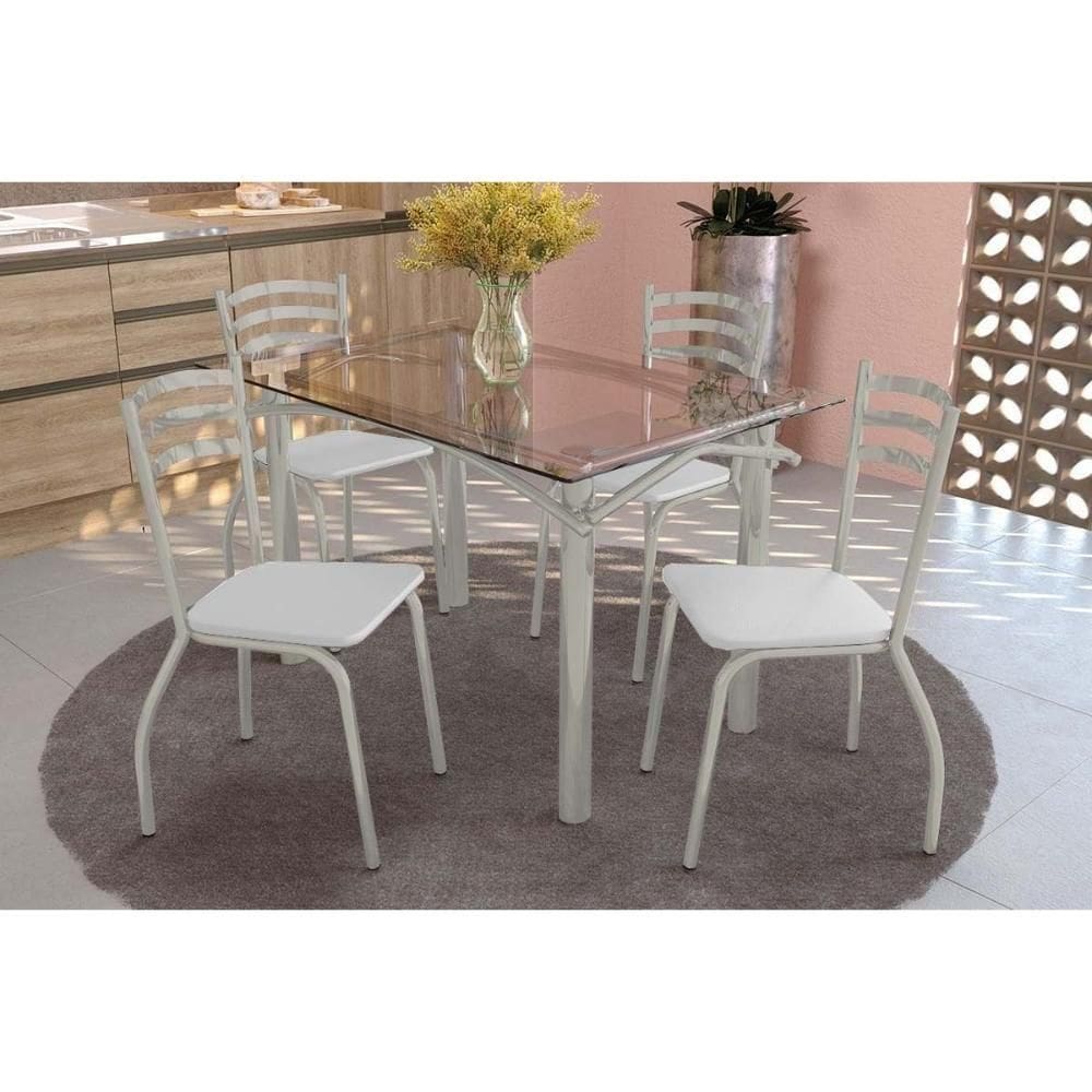 Conjunto: Mesa Sala Jantar Elba C- Tampo De Vidro 120cm E 4 Cadeiras Portugal Niquel - Courano Branco - Kappesberg