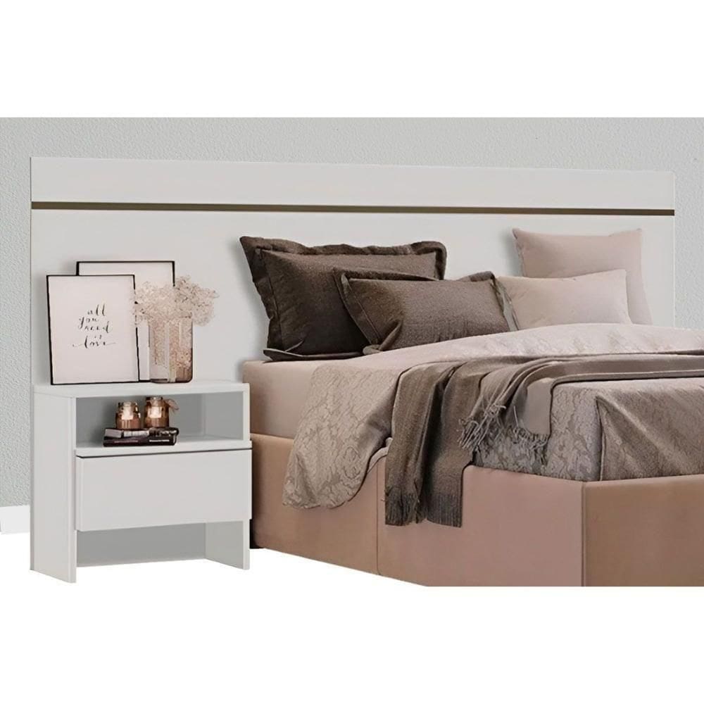 Painel Cama Box Madeirado Casal C- 1 Mesa E 1 Gaveta Neve - Horizonte