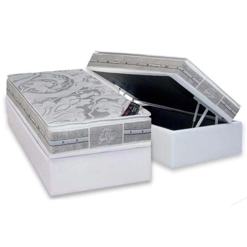 Cama Box Baú Solteiro: Colchão Molas Ensacadas Castor Super Luxo Látex Plush + Base Crc Courano White (88x188)
