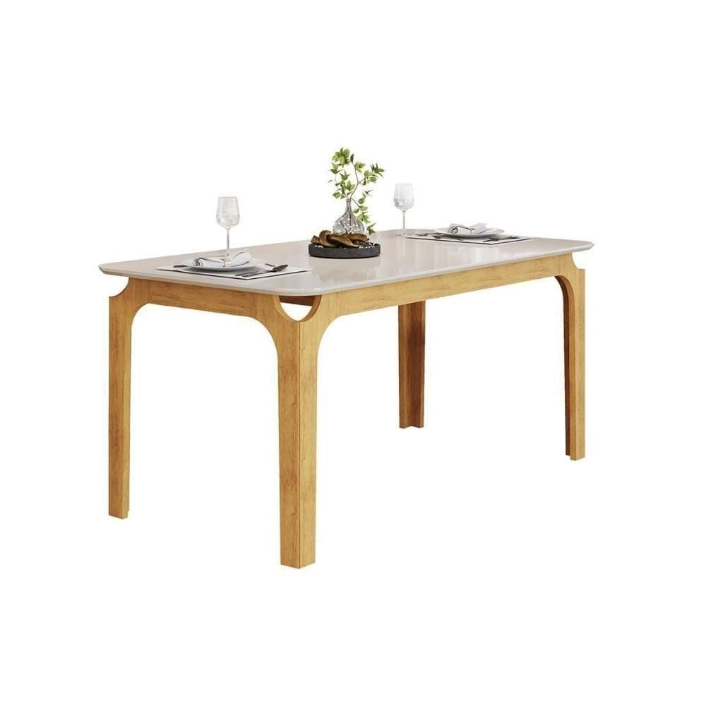 Mesa Multiuso Cozinha Marina C- Tampo Madeirado C- Vidro Curvo 160x80cm Cedro-off White - Dj Móveis