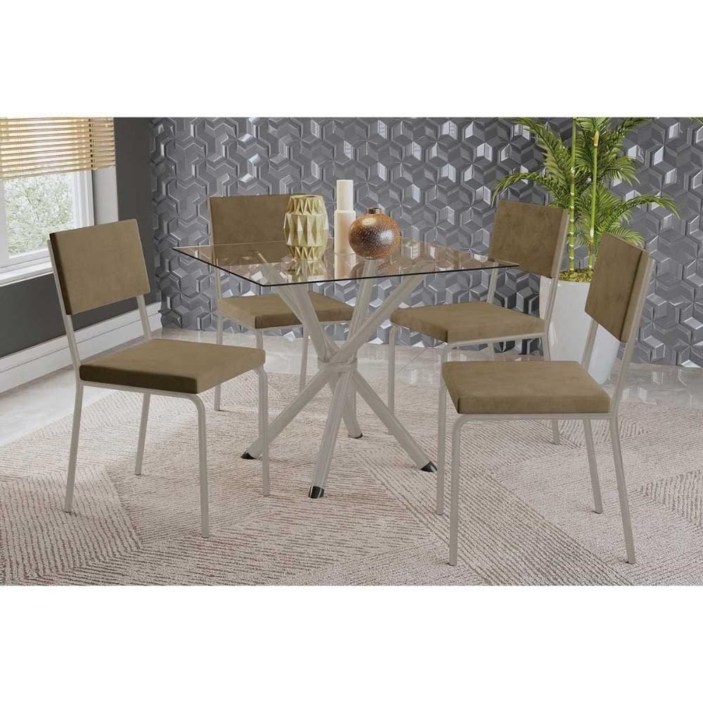 Conjunto: Mesa De Cozinha Volga C- Tampo De Vidro 90cm E 4 Cadeiras Zaria Niquel - Suede Bege - Kappesberg