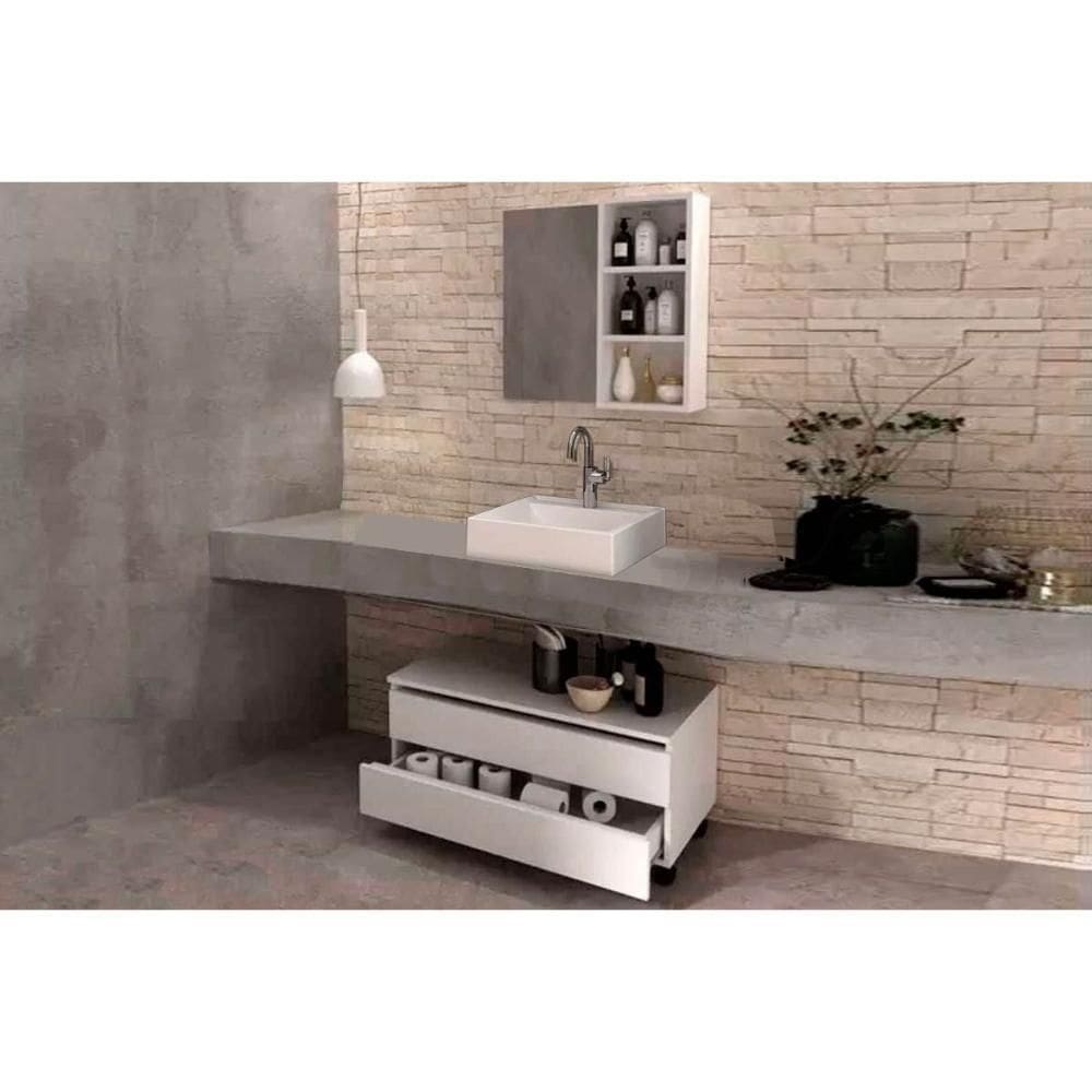 Armário C- Balcão Banheiro Rodizios Bn3603 S- Cuba 80cm E Espelho Bn3609 Branco - Tecno Mobili