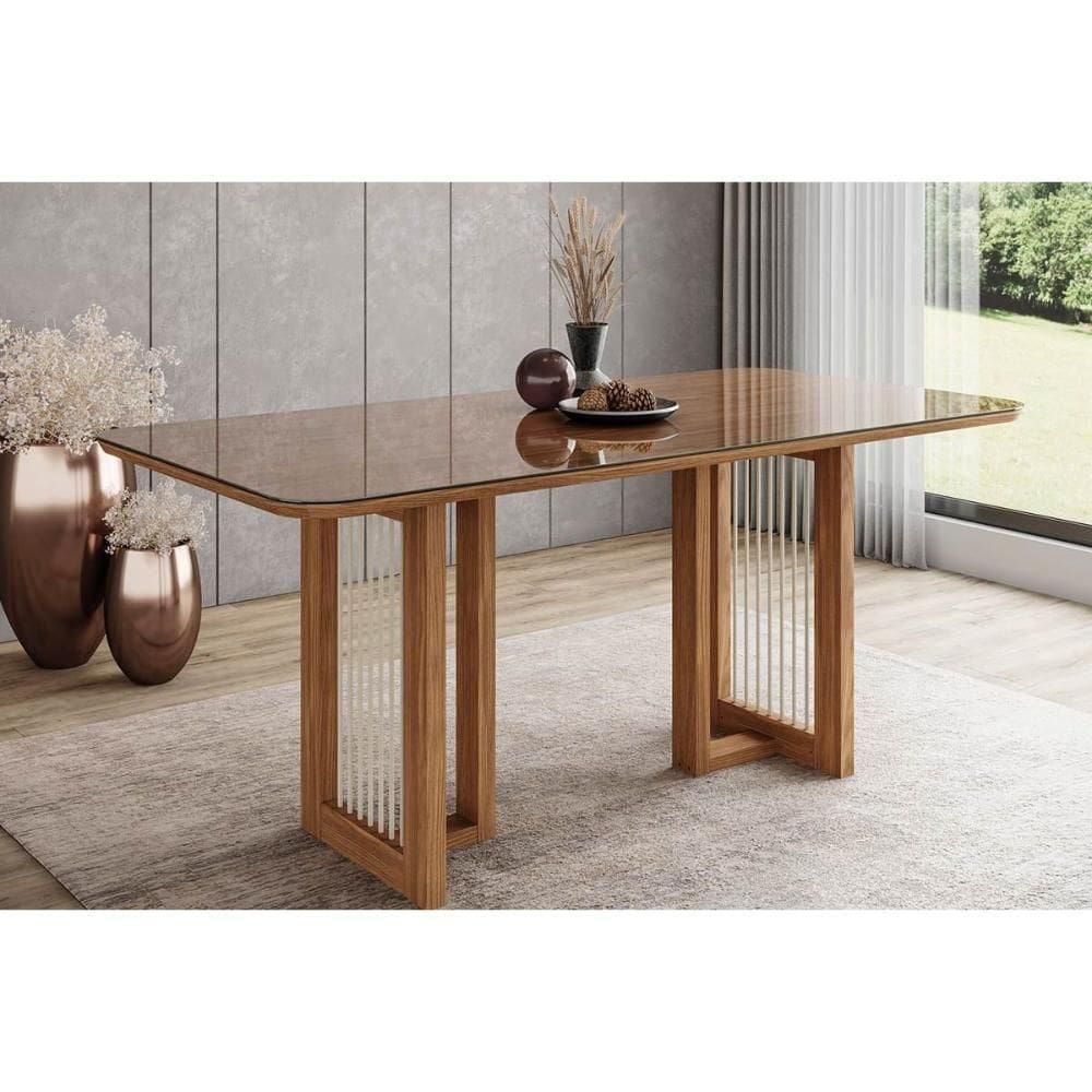 Mesa P- Cozinha Yara Sc79 C- Tampo Madeirado C- Vidro Curvo 160x90cm Nature - Henn