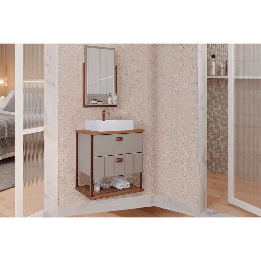 Bancada De Banheiro Balcão Suspenso C- Cuba 65cm E Espelheira Uni Cappuccino-freijo - Mgm