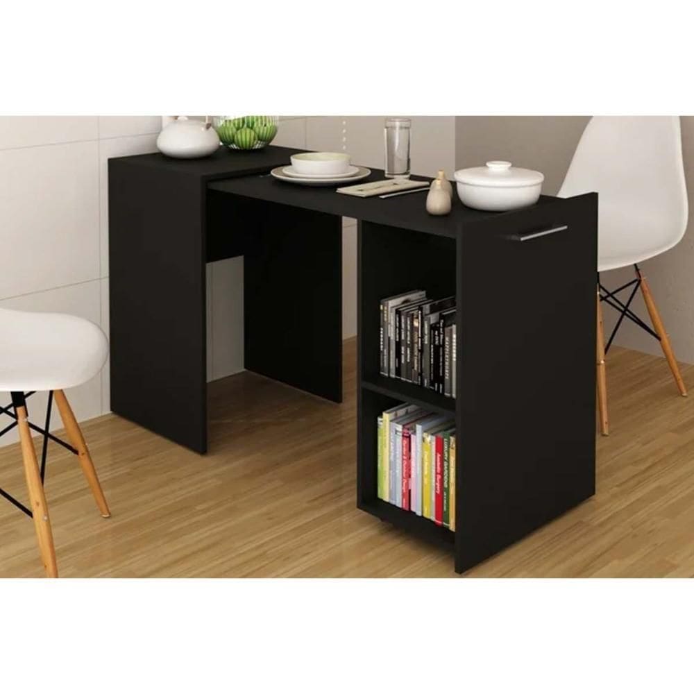 Mesa Multiuso Escritório Retrátil Me4170 C- 2 Nichos Preto - Tecno Mobili