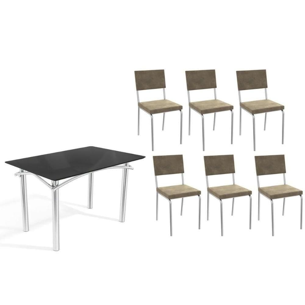 Conjunto: Mesa De Cozinha Elba Tampo Madeirado C- Vidro 120cm E 6 Cadeiras Zaria Cromada-preto - Suede Bege - Kappesberg