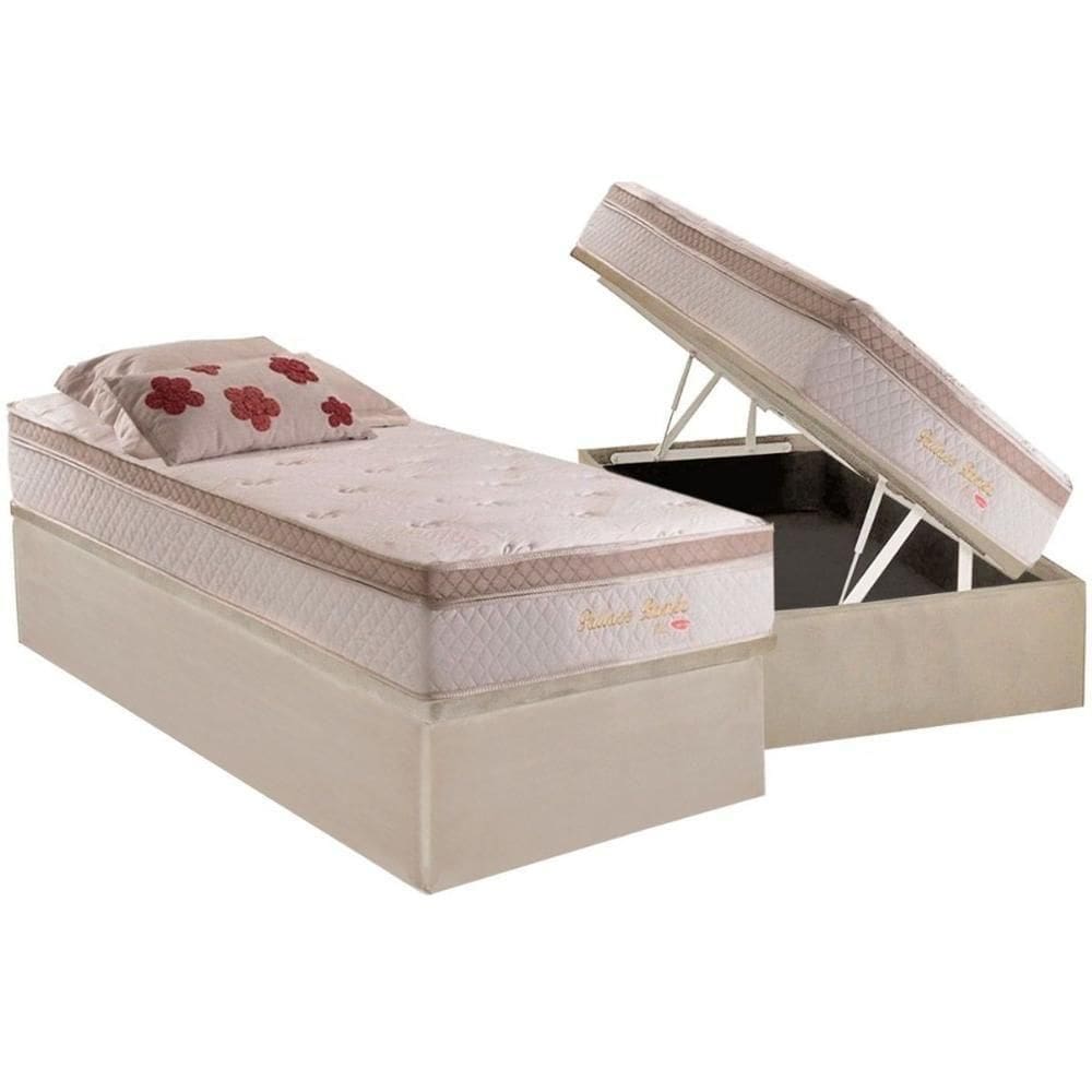 Cama Box Baú Solteiro: Colchão Molas Ensacadas Herval Pallace Bambu Plus + Base Crc Suede Clean (88x188)