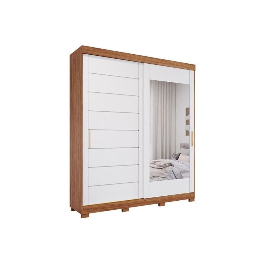 Guarda Roupa Casal 2 Portas De Correr (1 C- Espelho) E 3 Gavetas C- Pés Flora Cinamomo-off White - Panan