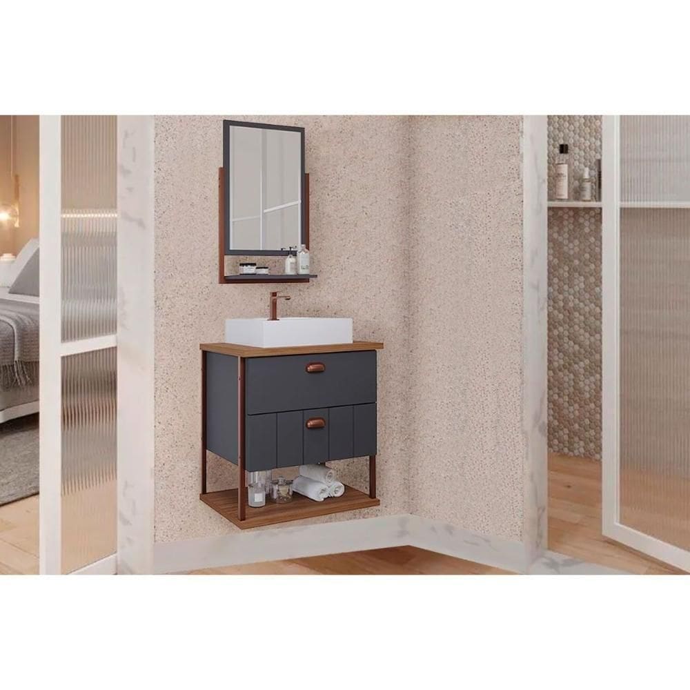 Gabinete De Banheiro Balcão Suspenso C- Cuba 65cm E Espelheira Uni Titanium-freijo - Mgm