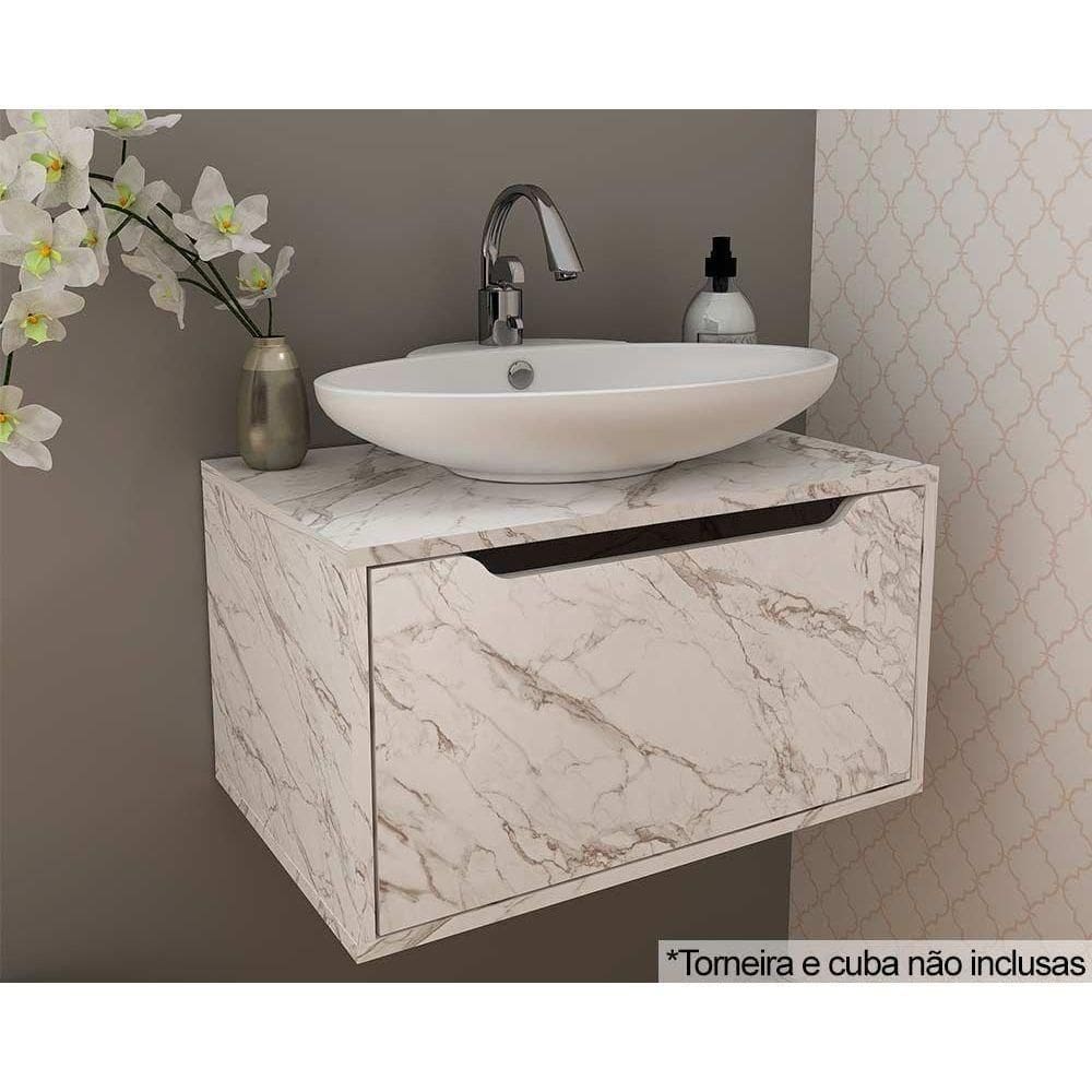Bancada De Banheiro Suspenso Bn3646 S- Cuba C- 1 Porta 60cm Mármore Branco - Tecno Mobili