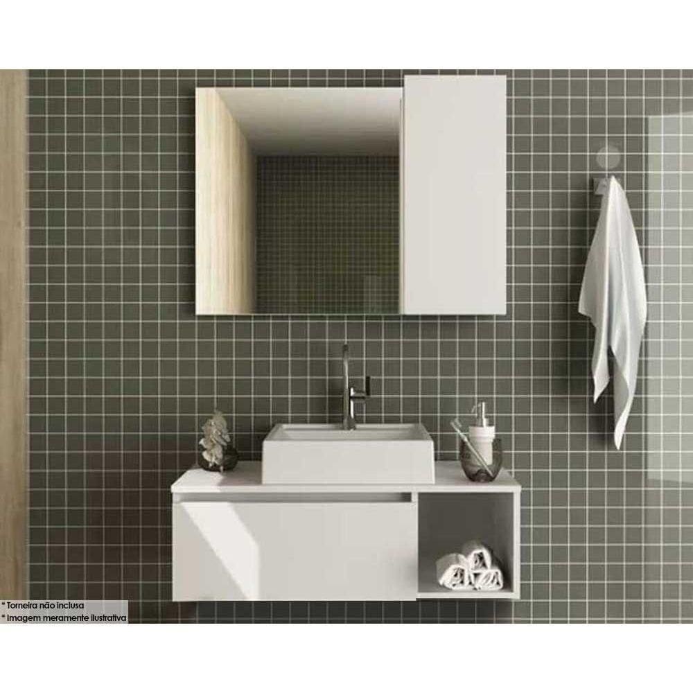 Armário C- Balcão Banheiro Suspenso Bn3601 Cuba Bn3600 80cm E Espelho Bn3602 Branco - Tecno Mobili