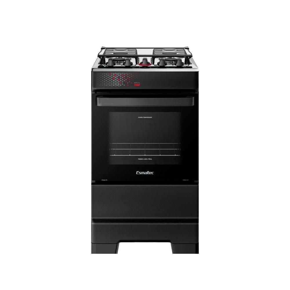 Fogão Esmaltec 4 Bocas Ideal Top Mesa Inox Tampa De Vidro Forno 50 Litros Preto T4IAP Bivolt
