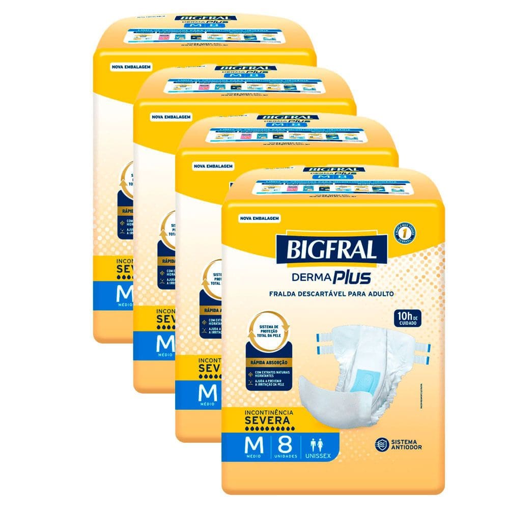 Kit 4 Fralda Bigfral Derma Plus M 8 Unidades