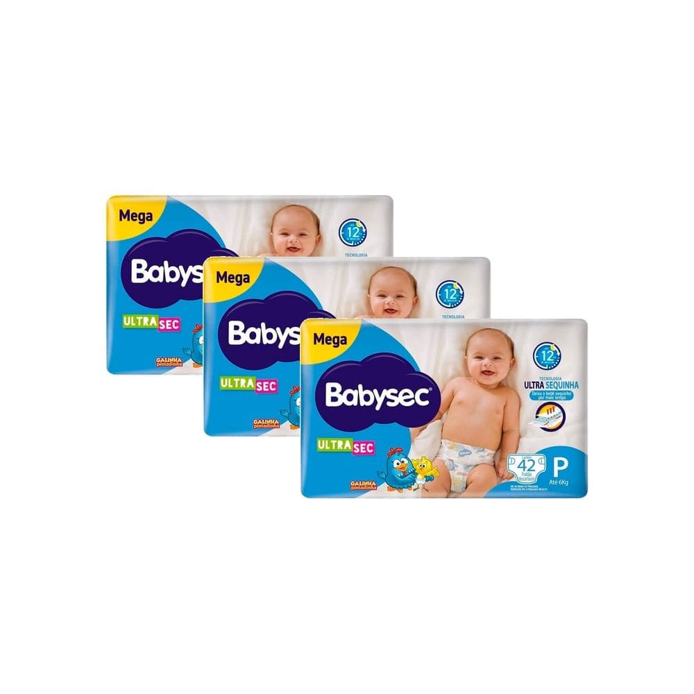 Kit 3 Fralda Babysec Ultrasec Tamanho P Pacote Mega 42 Unidades Descartáveis