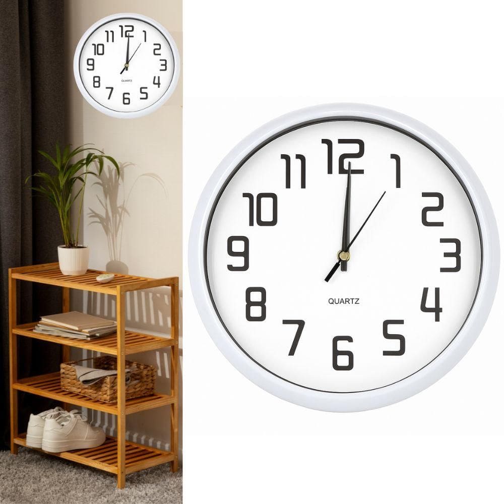 Relogio De Parede Redondo Vintage Branco 30Cm Analogico Numeros Grandes Design Moderno Silencioso Cozinha Escritorio