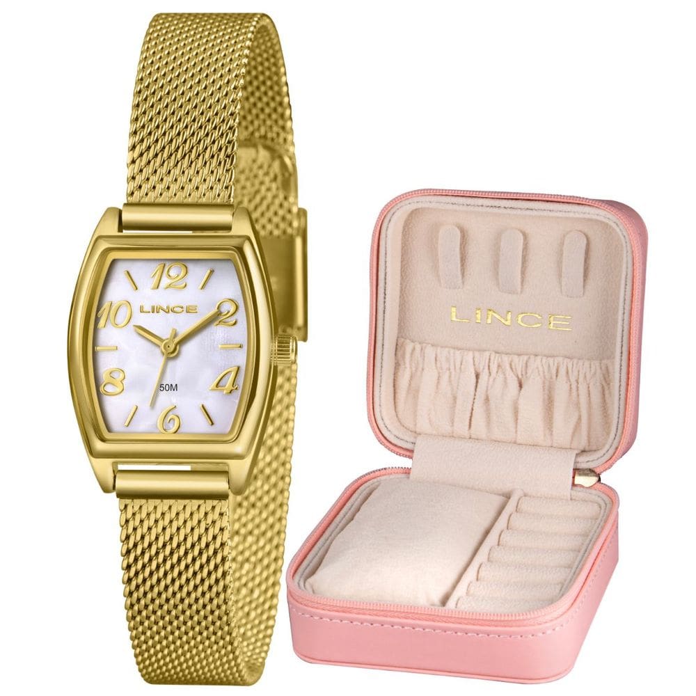 Kit Relógio Lince Feminino Dourado Quadrado Lqgh278l22 B2kx