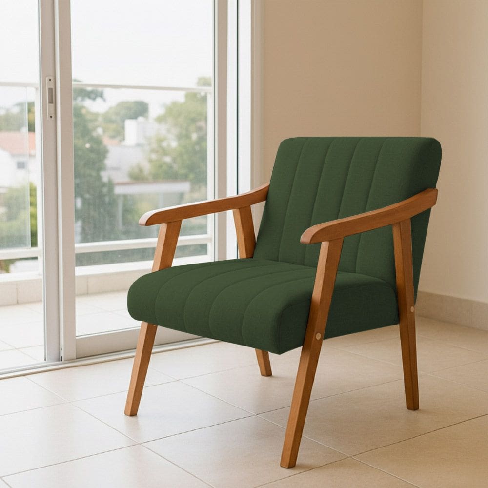 Poltrona Decorativa com Braço em Madeira Maciça Livia Linho Verde