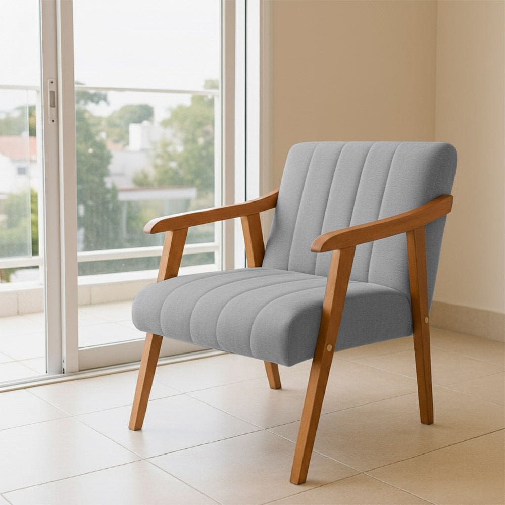 Poltrona Decorativa com Braço em Madeira Maciça Livia Veludo Cinza