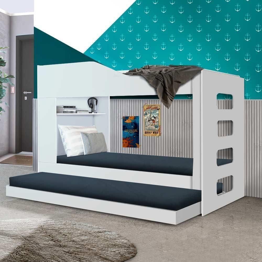 Treliche Beliche Com Cama Auxiliar 2 Em 1 Com Prateleira Branco