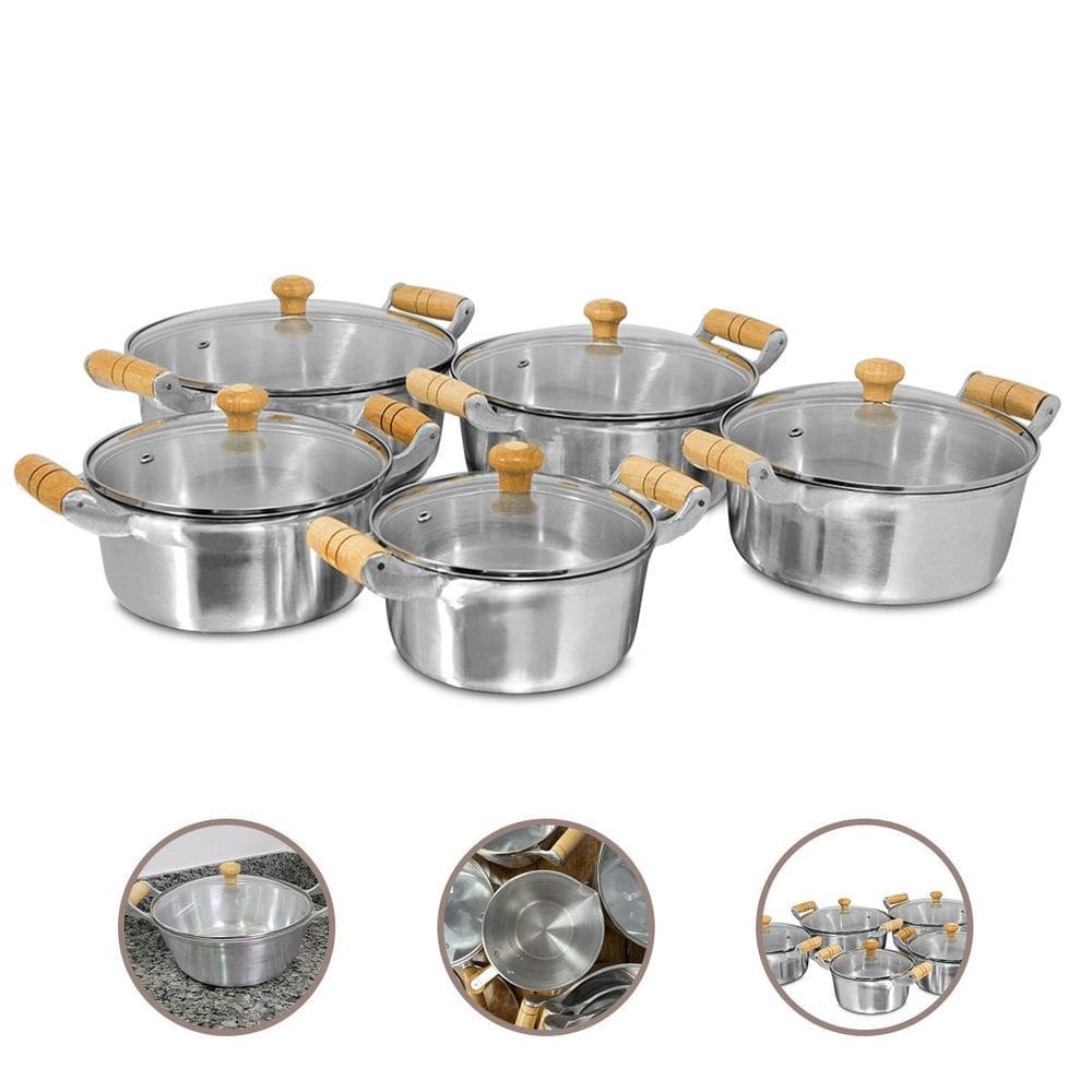 Jogo 5 Caçarolas Alumínio Fundido Polido Tampa De Vidro