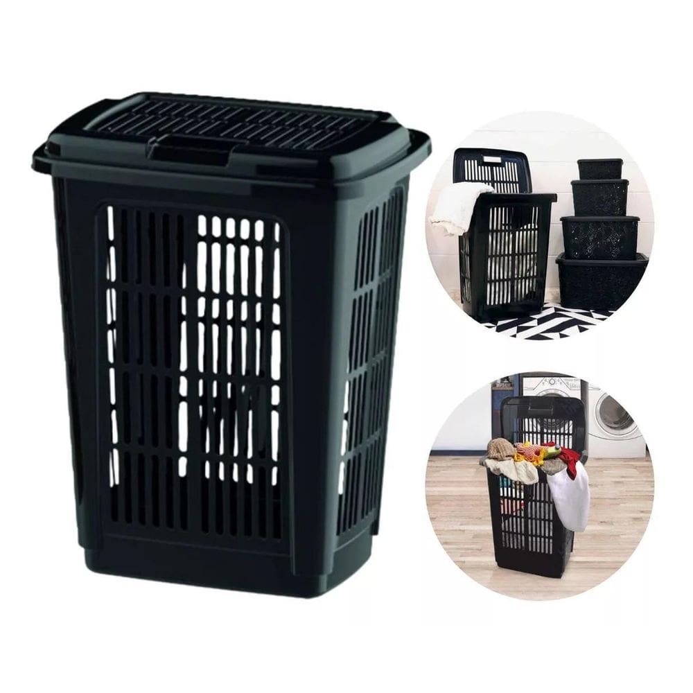Cesto Roupa Lavanderia Multiuso Lixeira Preta Com 60 Litros