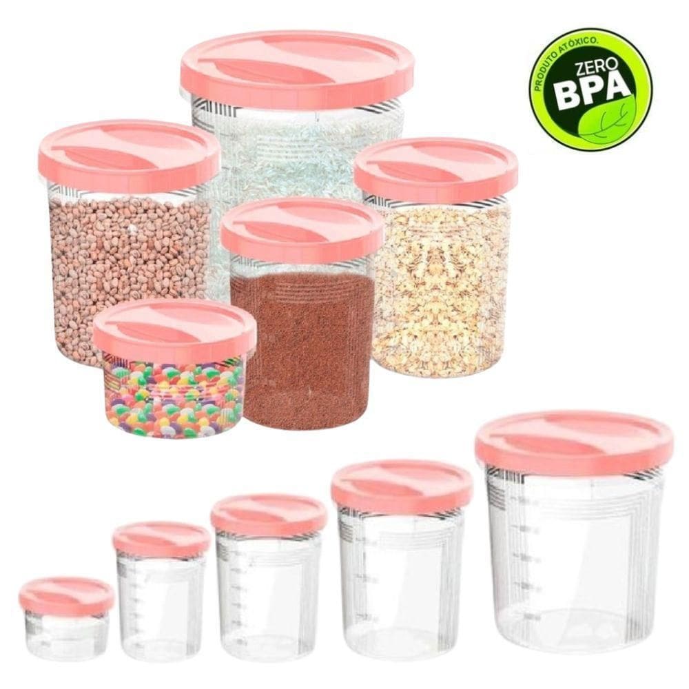 Porta Mantimentos Rosa Kit Com 05 Potes Tampa De Rosca