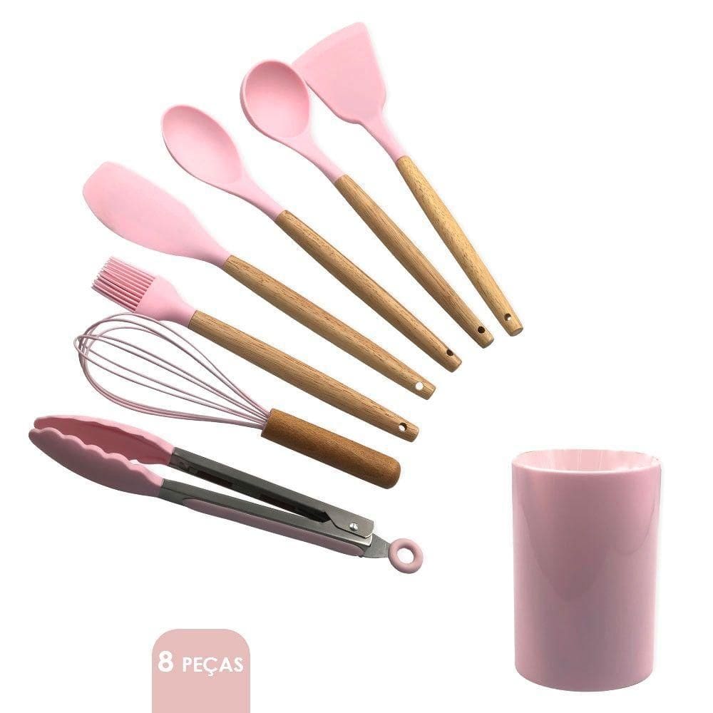 Kit 08 Utensílios Cozinha Silicone Rosa Claro Livre De Bpa