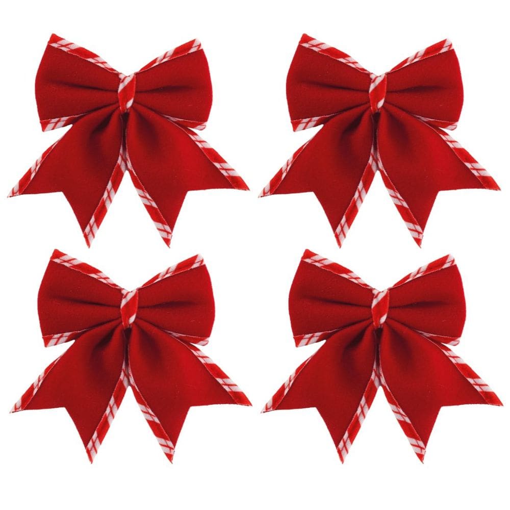 Jogo 4 Laços Natalinos Veludo Vermelho Borda Candy Listrada Prime 12x13cm