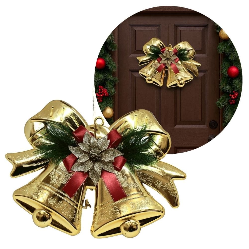 Sino Duplo Dourado Decorado com Laço e Flor Bico de Papagaio Glitter 28cm x 20cm – Enfeite Natalino com Cordão para Pend