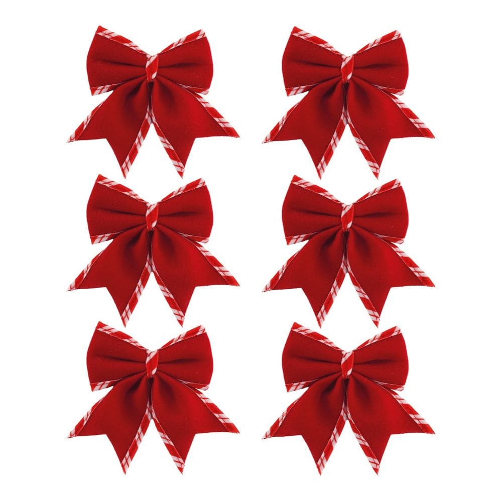 Jogo 6 Laços Natalinos Veludo Vermelho Borda Candy Listrada Prime 9x10cm