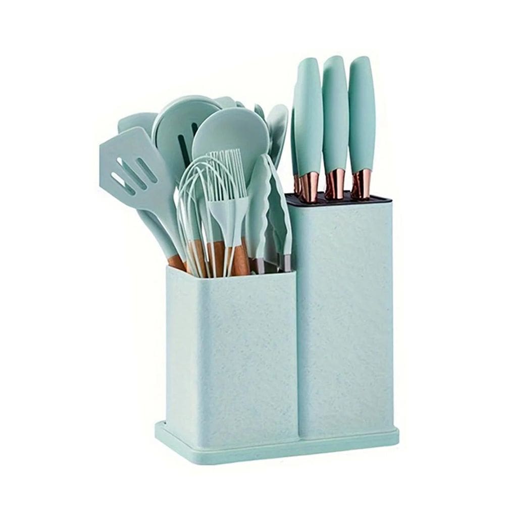 Kit 19 Utensílios Cozinha Silicone Cabo Madeira Faca Tábua