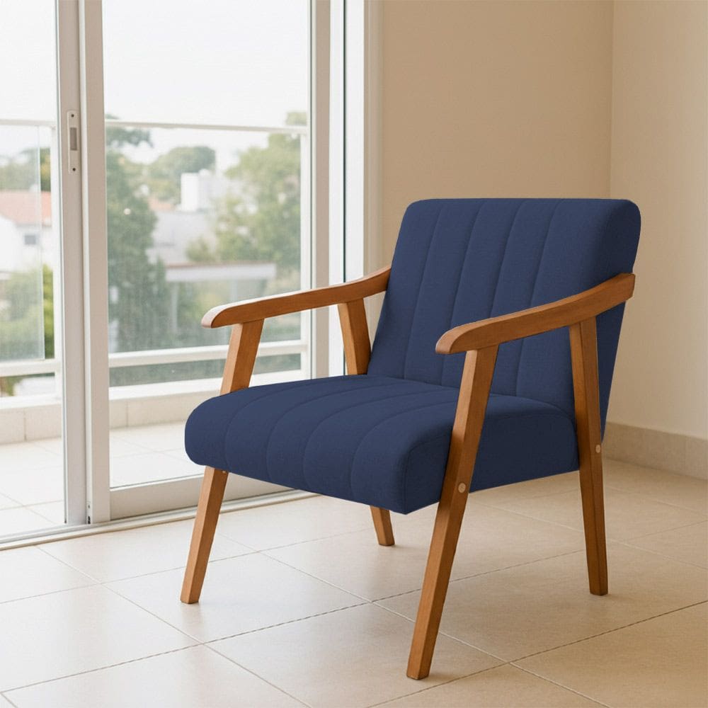 Poltrona Decorativa com Braço em Madeira Maciça Livia Linho Azul