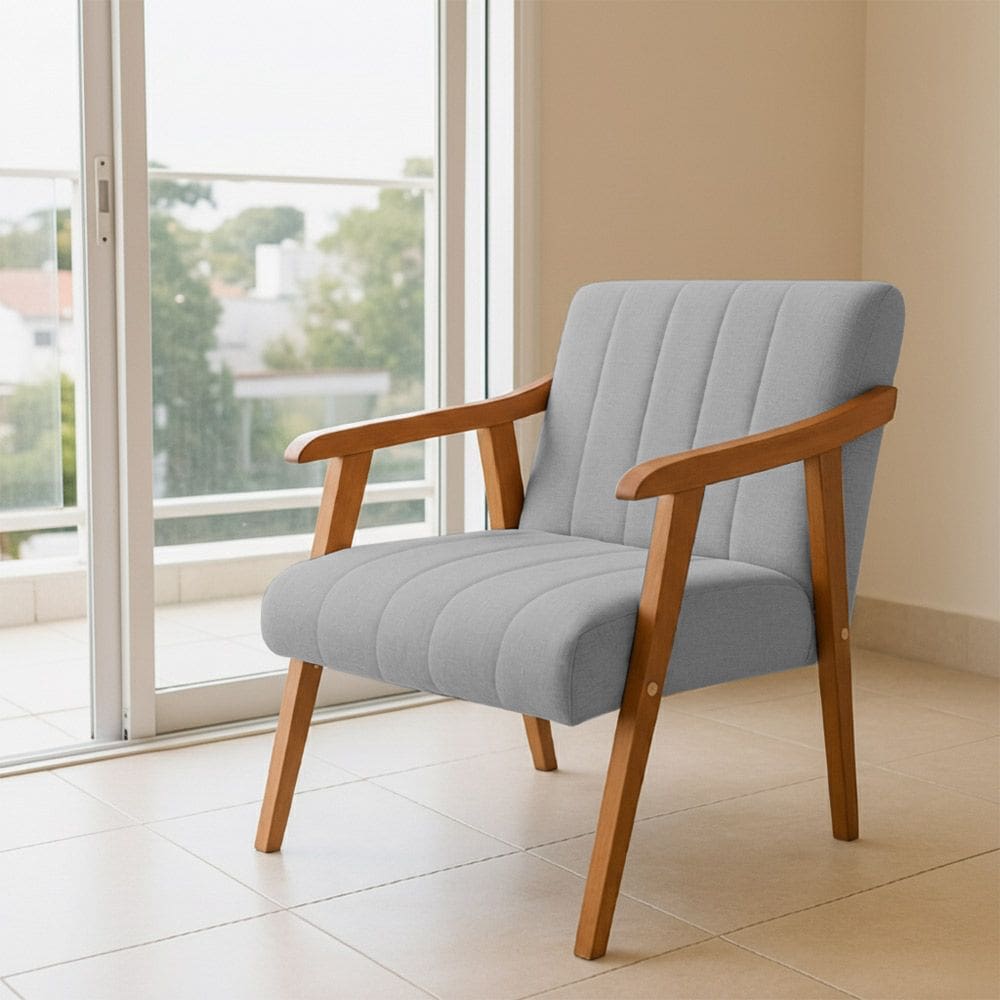 Poltrona Decorativa com Braço em Madeira Maciça Livia Linho Cinza