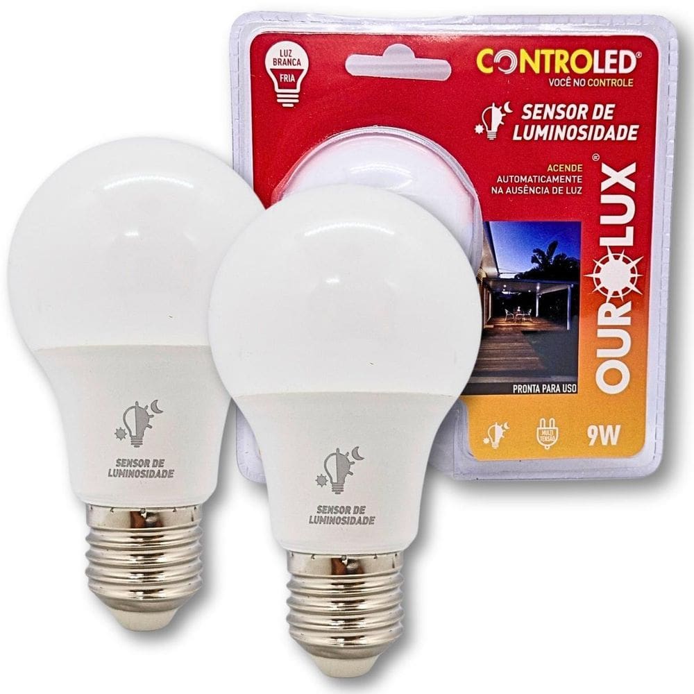 Kit 2 Lâmpadas Inteligente Sensor Luminosidade 6500K 9W E27