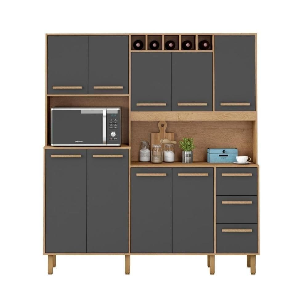 Armário De Cozinha Letícia 1,77 Mt 9 Portas Amêndoa Grafite