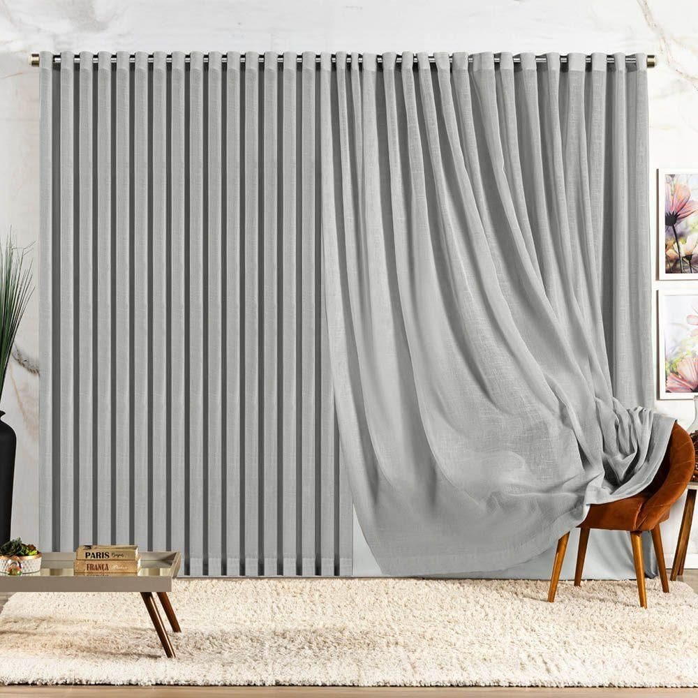 Cortina Lucy Blackout Voil Gaze Linho 4,40m X 2,50m Sala Quarto Varão 3m - Cinza - 100% Poliéster