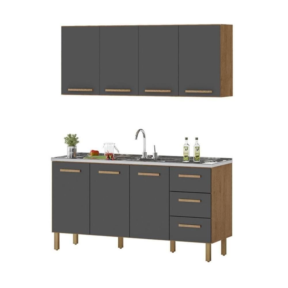 Armário De Cozinha Com Balcão Fortaleza 3 Portas Amêndoa Grafite